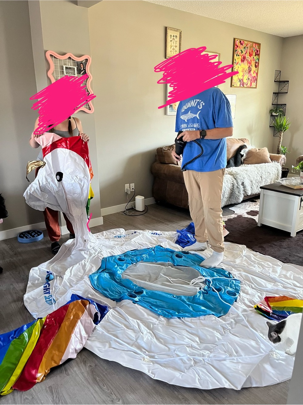 Inflatable Rainbow Pool Ring Party Decoration - White & Blue